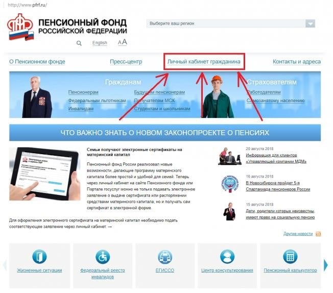 персональная панель управления Пенсионного фонда Российской Федерации