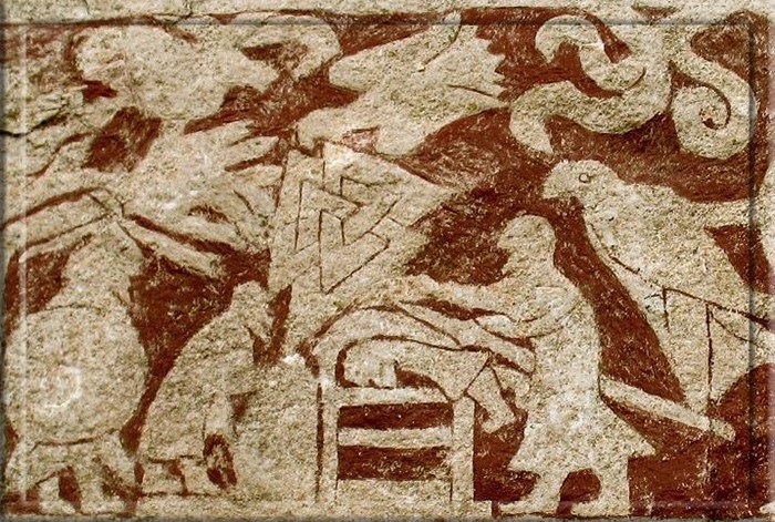 Старшая часть каменной плиты Hammars I, расположенной в Готланде, Швеция, изображает валкнута, занимающего центральное важное положение, рядом с фигурами, которые можно истолковать как Аса.