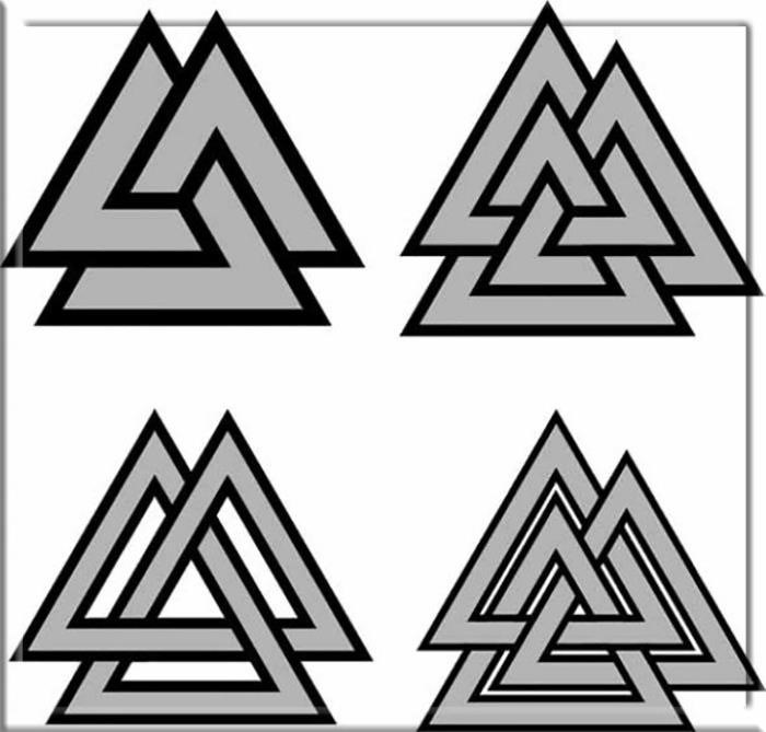 Предоставляются две альтернативные версии символа Валькнута: однокурсный (представленный слева) и трехкурсный (изображенный справа).