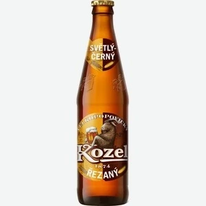 В стеклянной бутылке объемом 0.45 литра представлено светлое пастеризованное пиво с названием Velkopopovicky Kozel Rezany, содержащее 4.7% алкоголя.