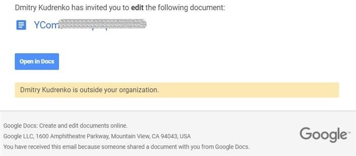 Примеры уведомлений, получаемых от Google Docs, предоставлены Stripo.