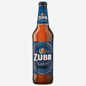 0,5 литра светлого фильтрованного пива Zubr Classic с 4,1% содержанием алкоголя, производства Чехии.