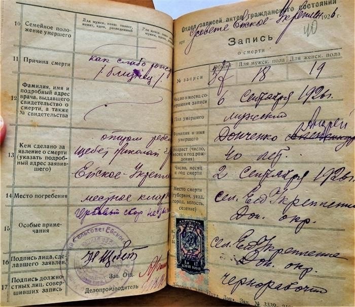 Открываю страницы документа ЗАГС, где регистрируется смерть в 1926 году, украшенные геральдическим гербом.