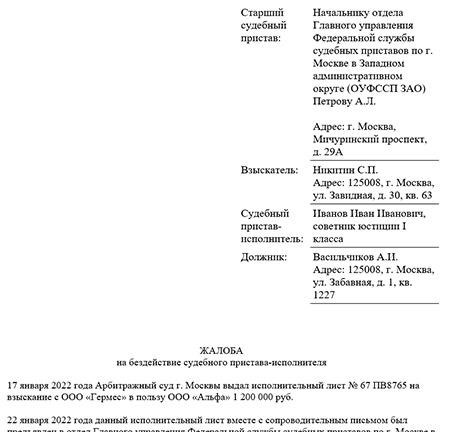 Приведу пример того, как составить письменное обращение о неблагоприятном поведении судебных приставов